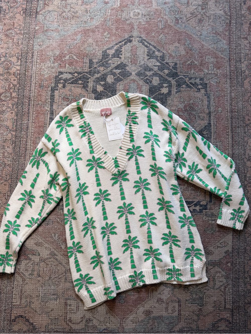 Show Me Your Mumu Cream Sweater with Green Palm Motif